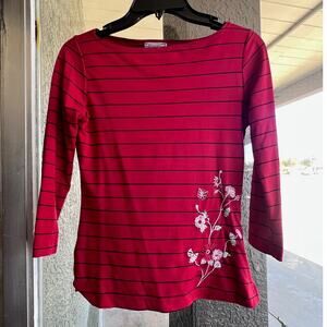 Y2K red striped floral embroidered 3/4 sleeve top size M